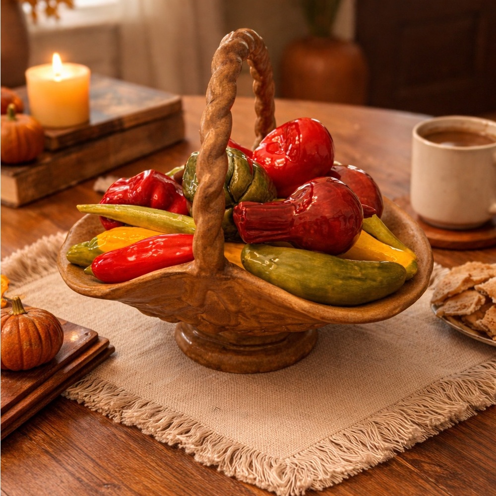 Vintage Ceramic Vegetable Basket Centerpiece | Hand-Painted Rustic Kitchen Decor